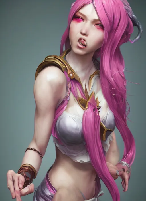 Image similar to joyful seraphine, from league of legends, pink hair, au naturel, studio microphone, new musical instruments, hyper detailed, digital art, trending in artstation, cinematic lighting, studio quality, smooth render, unreal engine 5 rendered, octane rendered, art style by klimt and nixeu and ian sprigger and wlop and krenz cushart