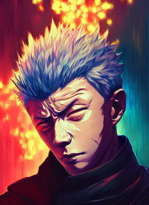 Image similar to handsome gojo from jujutsu kaisen, half body shot, path traced, highly detailed, high quality, digital painting, alena aenami, lilia alvarado, shinji aramaki, karol bak, alphonse mucha, tom bagshaw