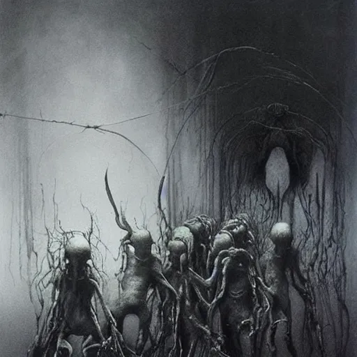 Image similar to merge skeletons in the hundeds reaching out the borken portal to hell, artwork by beksinski gammell mcfarlane giger realsistic horror, wispy prismatic neon ink horrors, fluorescent matte painting glow in the dark