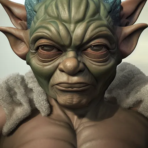 Image similar to muscular yoda, au naturel, hyper detailed, digital art, trending in artstation, cinematic lighting, studio quality, smooth render, unreal engine 5 rendered, octane rendered, art style by klimt and nixeu and ian sprigger and wlop and krenz cushart