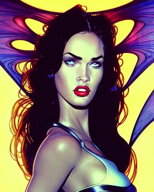 Image similar to low angle closeup very seductive megan fox retro scifi goddess pinup, vr goggles, action glamour pose, windblown dark hair, hyper detailed, digital art, studio lighting, smooth, ambient lighting, sharp focus, frank miller, wlop, fritz willis, anna dittmann, moebius!, alphonse mucha, patrick nagle!!!, rim lighting, synthwave