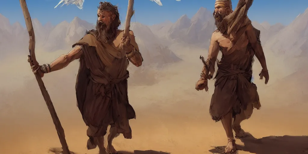 Prompt: A digital painting of a 30 year old man in Biblical clothing walking in the desert with a wooden staff in his hand, by Stanley Artgerm Lau, frank frazetta, Rossdraws, James Jean, gerald brom, Andrei Riabovitchev, Marc Simonetti, and Sakimichan, trending on artstation, SFW version