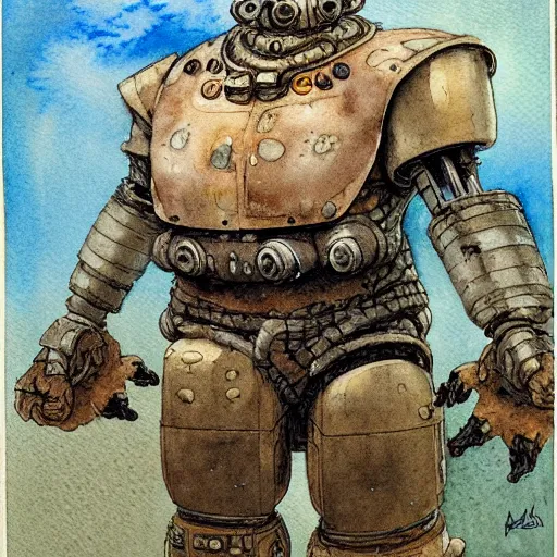 Image similar to a simple and atmospheric watercolour fantasy character concept art portrait of a mechanized android bulldog as a druidic warrior wizard looking at the camera with an intelligent gaze, very muted colors, by rebecca guay, michael kaluta, charles vess and jean moebius giraud