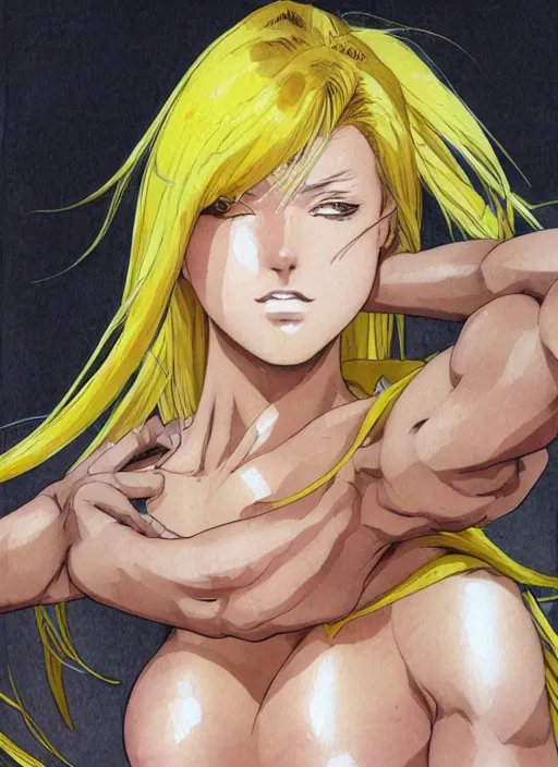 Image similar to Frontal portrait of a very beautiful muscular anime girl with tanned skin and cream colored hair wearing a yellow raincoat, watercolor, digital painting, art by Shirow Masamune Kenichi Sonoda Moebius and Katsuhiro Otomo, very detailed, sharp focus, cyberpunk, high quality, color manga panel, hard shadows