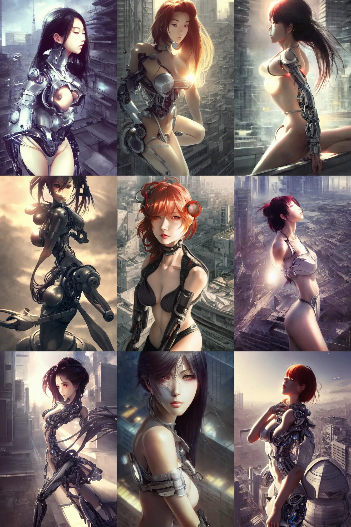 Prompt: ultra realistic beautiful alluring cyborg techno anime art, gorgeous face and figure, dramatic poses, set in tokyo rooftop, sci - fi, fantasy, intricate, elegant, highly detailed, artstation, smooth, sharp focus, illustration, beautiful light and shadows, art by tian zi, artgerm, greg rutkowski, alphonse mucha, wlop