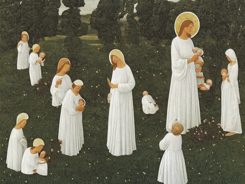 Image similar to Woman dressed in white with six babies. Iris flower in a vase, garden outside with Cypresses. Painting by Alex Colville, Fra Angelico.