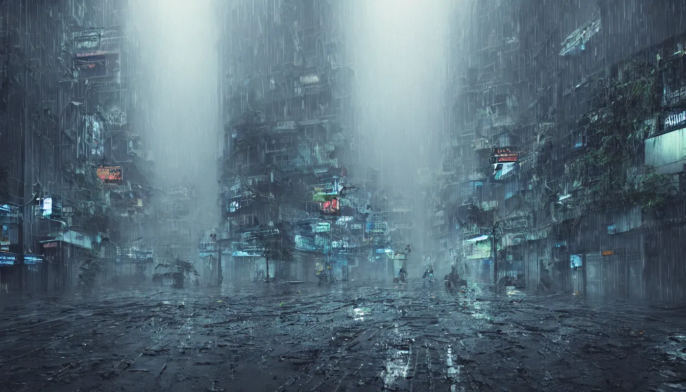 Image similar to cramped ramshackle city in the tropical rain ,at dusk, hundreds of robot cyborgs roam , puddles on a wet tarmac road reflecting ,television feedback loop , burst of powders ,detailed entangled fibres ,volumetric lighting, twisting vapour, bellowing dust ,flowing shimmering fabrics , biometric scanning forest , full of mist , overgrown detailed roots , entangled intricate cable fibres, humans hide in the underwater, full colour , upscale , 4k