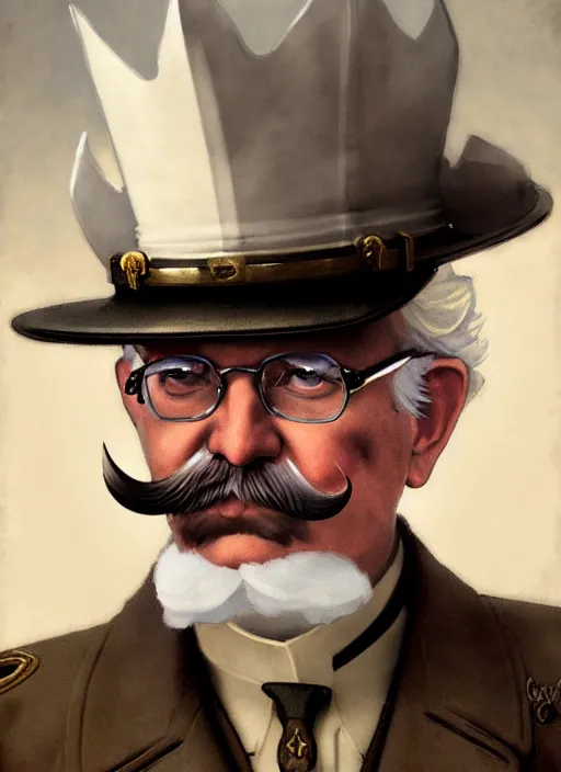 Prompt: close up portrait of colonel sanders, decorated civil war veteran, long handlebar mustache, union uniform by artgerm, cushart krenz, greg rutkowski, mucha. art nouveau. gloomhaven, military symbolism, pale colors, sharp edges. ultra clear detailed. 8 k. elegant, intricate, octane render