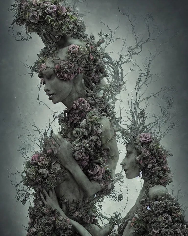 Image similar to portrait of a gothic cemetery statue made of mist and flowers, cosmic horror, mutating into mist, dramatic lightning, Andrew Ferez, Charlie Bowater, Marco Mazzoni, Seb McKinnon, Ryohei Hase, Alberto Seveso, Kim Keever, trending on cgsociety, featured on zbrush central, new sculpture, mystical