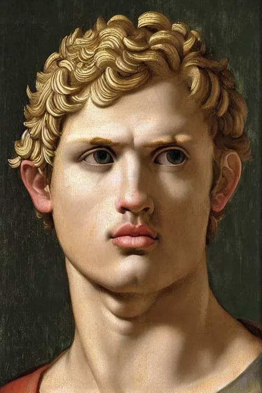 Image similar to renaissance painting of man, short blonde hair, thoughtful face, emotions closeup, dressed in roman armour, the beautiful garden with olive leaves, ultra detailed, art by Guido Reni style, Vincenzo Catena style