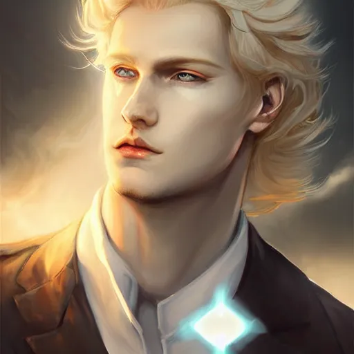 Image similar to digital art of a pale menacing male Cyborg Angel of Battle with fluffy blond curls of hair and piercing eyes, johan liebert mixed with Dante, central composition, he commands the fiery power of resonance and wrath, very very long blond curly hair with bangs, baroque curls, by rossdraws and WLOP, Artstation, CGsociety