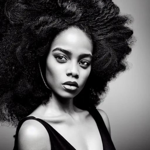 Prompt: Close up of a beautiful black female fashion model with huge hair wearing an edgy black dress in room of mirrors, photography ,vogue magazine editorial , highly detailed