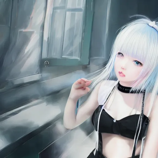 Image similar to realistic teasing detailed semirealism beautiful gorgeous cute Blackpink Lalisa Manoban white hair white cat ears blue eyes, wearing black camisole outfit, headphones, black leather choker full HD 4K high resolution quality WLOP, Aztodio, Taejune Kim, Guweiz, Pixiv, Instagram, Artstation