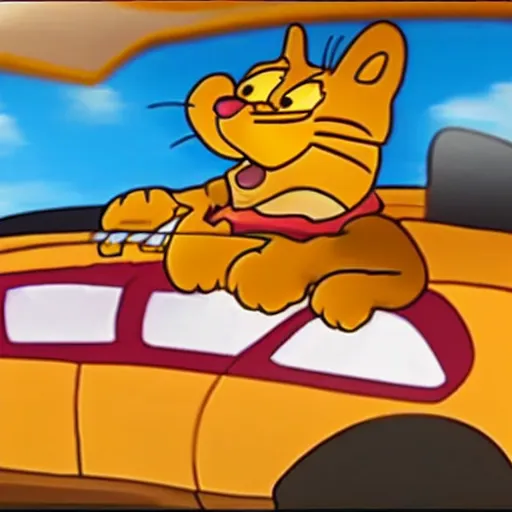 Image similar to garfield the cat driving car into side of pizzeria