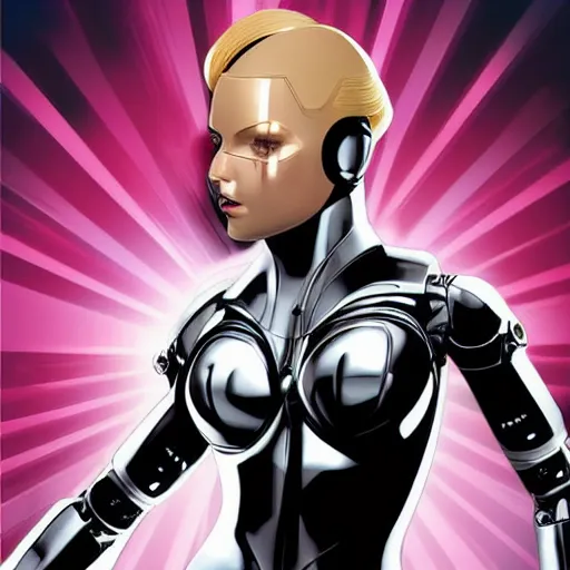 Prompt: comic book variant cover art, portrait of a well-endowed female robot with semi-transparent cybertech visor, bionic arms, bionic abdomen, bionic legs, shiny metallic extremities, clear face, facial symmetry, female superhero proportions, feminine attributes, volumetric lighting, vector graphics, vector tracing, comic book realism, sharp lines, thick contouring, cel shading, in the style of David Nakayama and Jorge Jiménez, ArtStation, vibrant colors