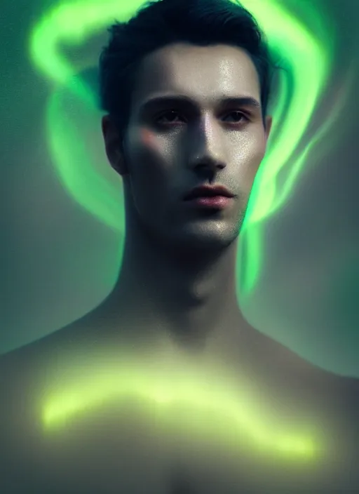 Prompt: an ethereal, misty portrait of a man whose face is accented with neon - toned glowing eyeliner. the makeup floats off his face and joins swirling clouds of smoke and fog, becoming an aurora. muted tones. surreal portrait, cinematic lighting, 8 k, smooth, sharp focus, digital painting, rendered in octane, painted by tom bagshaw, artgerm