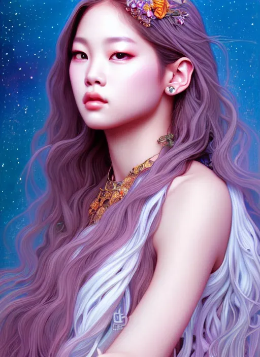 Prompt: jennie of blackpink, goddess of the moon, highly detailed, digital painting, smooth, sharp focus, illustration, ultra realistic, unreal engine, 8 k, art by artgerm and alphonse mucha