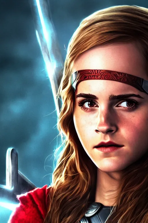 Prompt: photorealistic art of Emma Watson as the mighty Thor, cinematic lighting, horror art, 8k, intricate detailing