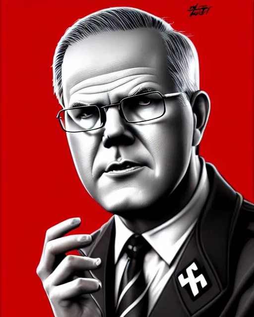 Image similar to scott morrison in the style of nazi communist propaganda poster art in the year 1 9 8 7 ultra realistic, concept art, intricate details, highly detailed, photorealistic, octane render, 8 k, unreal engine. art by artgerm and magali villeneuve