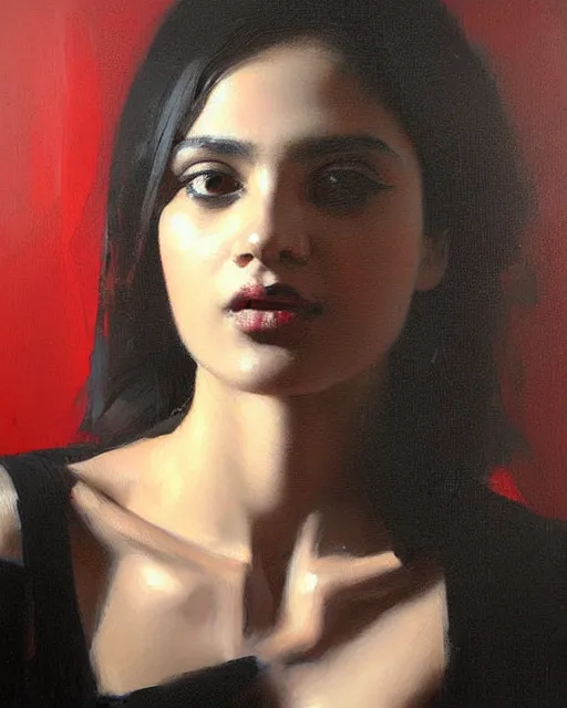 Image similar to beautiful portrait painting an gorgeous delhi girl wearing a little black dress, oil painting, art by ruan jia