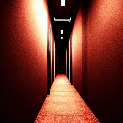 Image similar to photograph of an extremely dark narrow hallway with glowing humanoid cryptid made out of television static, dark deep black shadows, red and black color contrast in the style of trevor henderson, liminal space, 3 d octane render, glitch effect