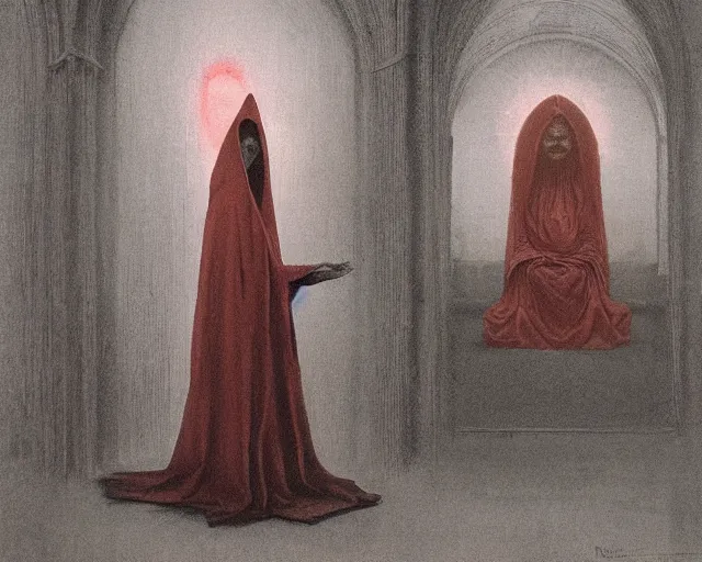 Prompt: by francis bacon, beksinski, mystical redscale photography evocative. devotion to the scarlet woman in her cathedral, priestess in a conical hat, coronation, ritual, sacrament, lamprey