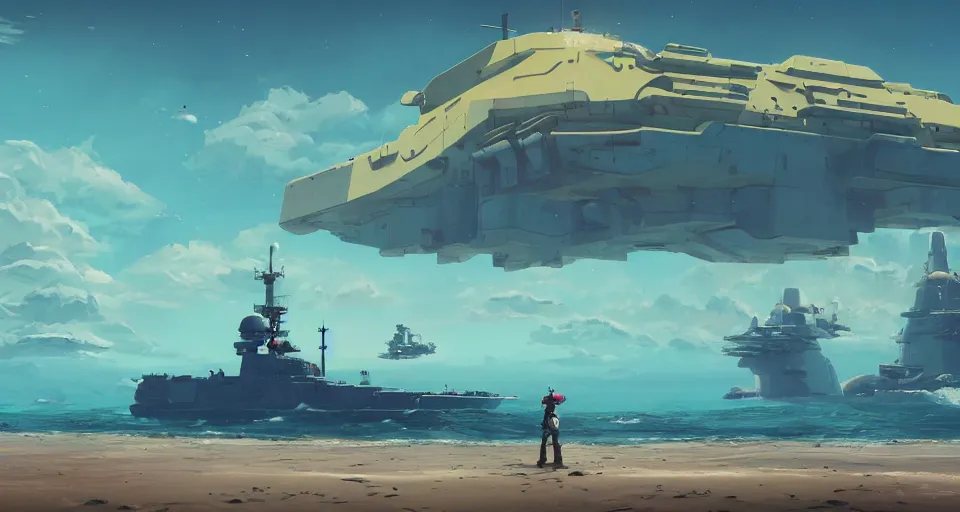 Prompt: A very beautiful serene coast landscape scene with a GIANT MECHA style BATTLESHIP looming in the distance, bright sunny waves splashing on the beach, rendered by simon stålenhag, rendered by Beeple, Makoto Shinkai, syd meade, environment concept, digital art, Gundam style, starwars, unreal engine, 3 point perspective, WLOP, trending on artstation, low level, 4K UHD image, octane render,