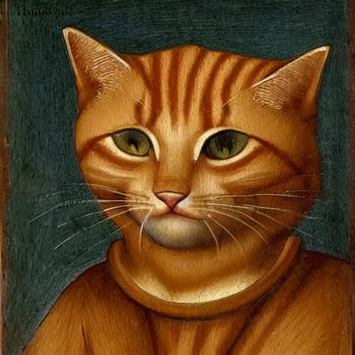 Image similar to Leonardo Da Vinci portrait of a ginger tabby cat wearing a beautiful outfit