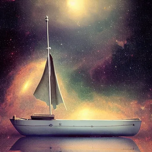 Prompt: into the unknown, whats at the edge of the universe, cardboard box sailboat in space, by lucas parolin, dark and moody, high detail, extremely sharp detail aspect ratio 1 1 by 1 4