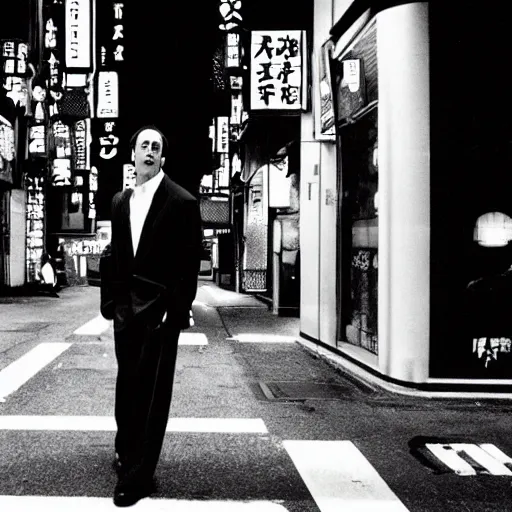 Image similar to Jerry Seinfeld vogues through the streets of Tokyo, are bure boke, 35mm film, b&w, grainy, by Daido Moriyama