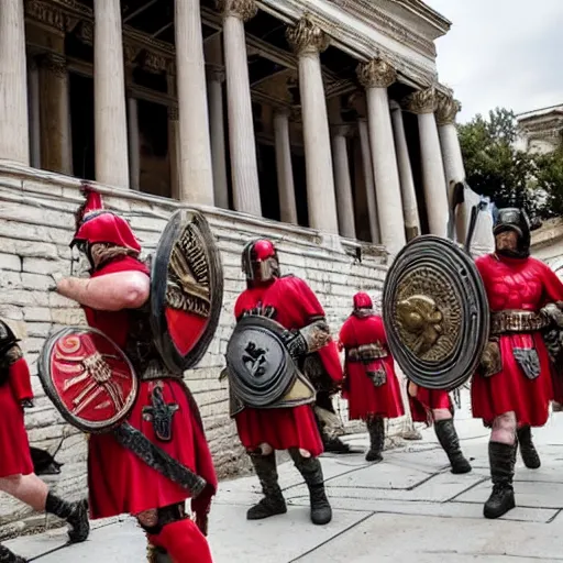 Image similar to roman soldiers and centurions invading the washington capitole, wearing maga hats ( january 2 0 2 1 )