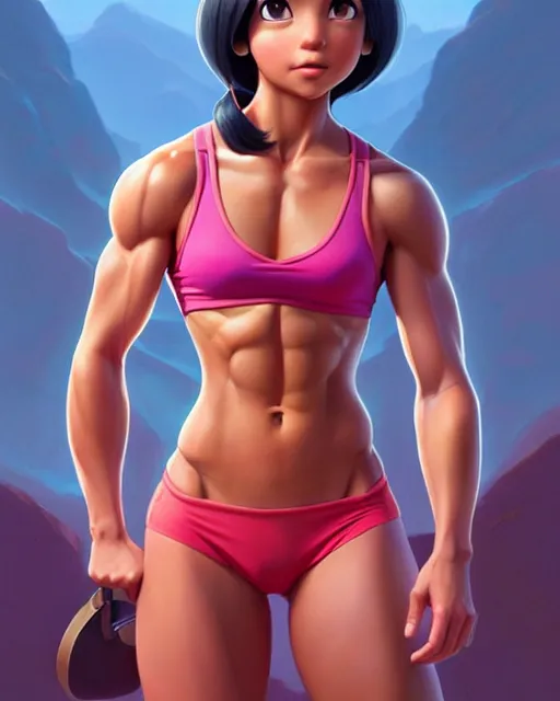 Image similar to real girl muscular dora the explorer showing her abs, fine detail!! anime!! realistic shaded lighting!!, kim hyun joo, digital painting by ilya kuvshinov, magali villeneuve, artgerm, jeremy lipkin and michael garmash and rob rey