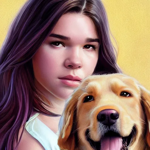 Prompt: Hailee Steinfeld as Kate Bishop facing forward and petting a Golden Retriever, Marvel, Hawkeye, blush, intricate, face, cute, elegant, light purple mist, highly detailed, digital painting, artstation, concept art, matte, sharp focus, illustration, art by Artgerm and Greg Rutkowski and Alphonse Mucha