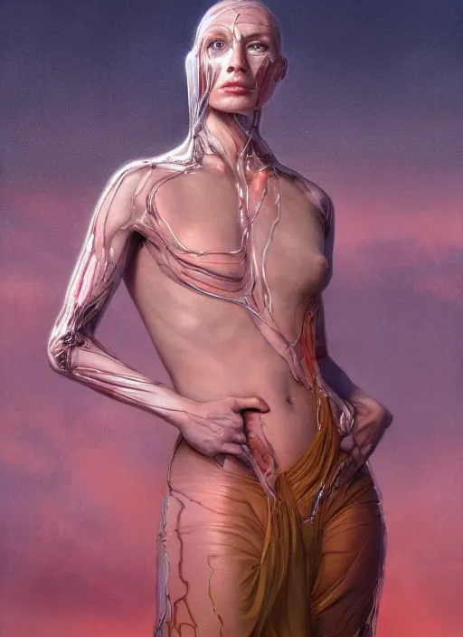 Image similar to biblical beautiful female android, transparent skin, bright glowing veins, in clouds, sunset, portrait, studio light, by gerald brom, by peter elson, muted colors, extreme detail, reflections, trending on artstation, 8 k