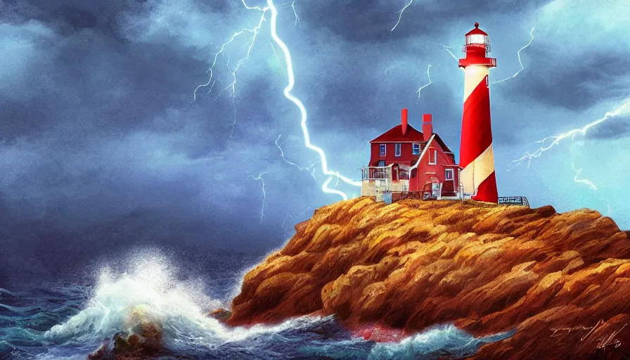 Image similar to a lighthouse being struck by lightning out at sea, digital art, highly detailed, realistic, bright colors, 8 k