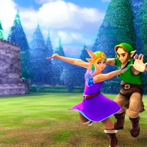 Image similar to real photo, zelda dancing salsa with link, hyper realistic