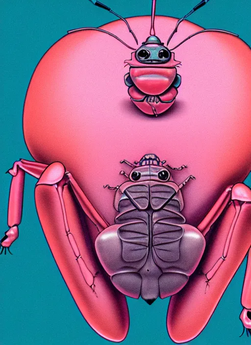 Prompt: caricature picture of a human beetle, pink insects, professionally color graded, interesting angle, sharp focus, 8 k high definition, insanely detailed, intricate, funny, art by jacob shaw and studio ghibli