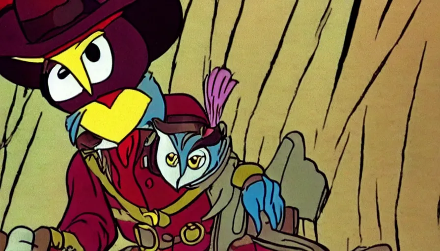 Image similar to saturday morning cartoon shot of an owl dressed as the lone ranger, screenshot from 1990s animated show