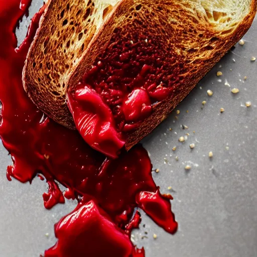 Image similar to hyper realistic photo of toast, blood oozing down the side