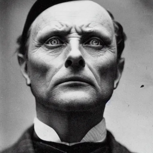 Image similar to headshot edwardian photograph of anthony hopkins, mads mikkelsen, bryan cranston, terrifying, scariest looking man alive, 1 8 9 0 s, london gang member, intimidating, tough, realistic face, peaky blinders, 1 9 0 0 s photography, 1 9 0 0 s, grainy, slightly blurry, victorian