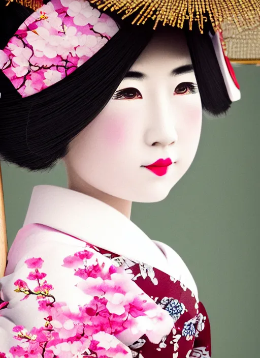 Image similar to Beautiful Japanese geisha close up portrait shot, 1920s geisha, Japanese, young woman, half body photo, upper body, traditional geisha clothing, geisha makeup, geisha hairstyle, hyper realistic, 8k detail, trending, professional photography, cherry blossom background