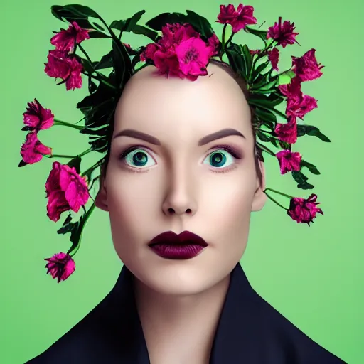 Image similar to female robot face with flowers instead of antennas