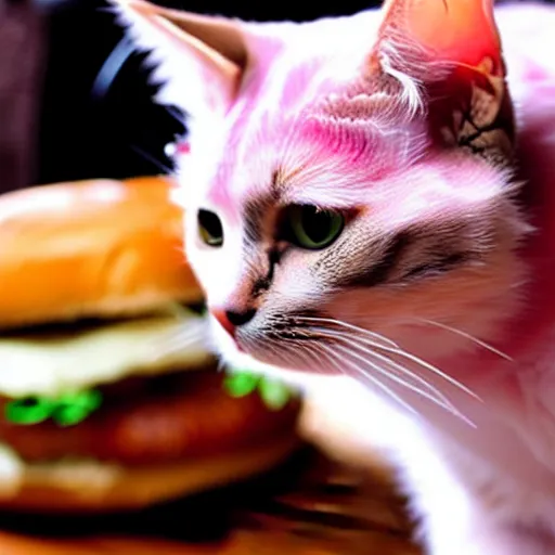 Image similar to photo of a cat with pink fur, eating a hamburger