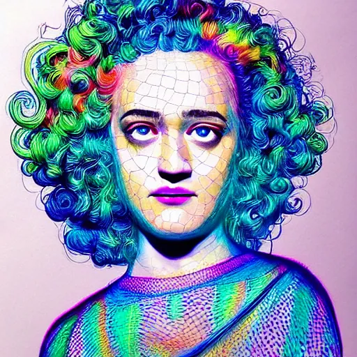 Image similar to surrealism psychedelic portrait sketch of julia garner as delirium of the endless in fishnet top and rainbow tutu skirt from the sandman, floating goldfish, green and blue eye heterochromia by alex ross, josh kirby, detailed, elegant, intricate