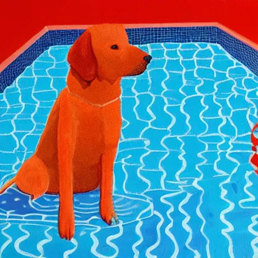 Image similar to close-up of a red dog at pool, painting by david hockney, higly detailed