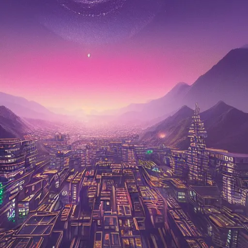 Image similar to A beautiful hyper realistic detailed matte 3D painting of Japanes mega city on a mountain at night by Mike Winkelmann, István Sándorfi, Piotr Fox Wysocki, unreal engine, octane render, super wide angle, featured on behance, Trending on artstation, good focus, pinterest.