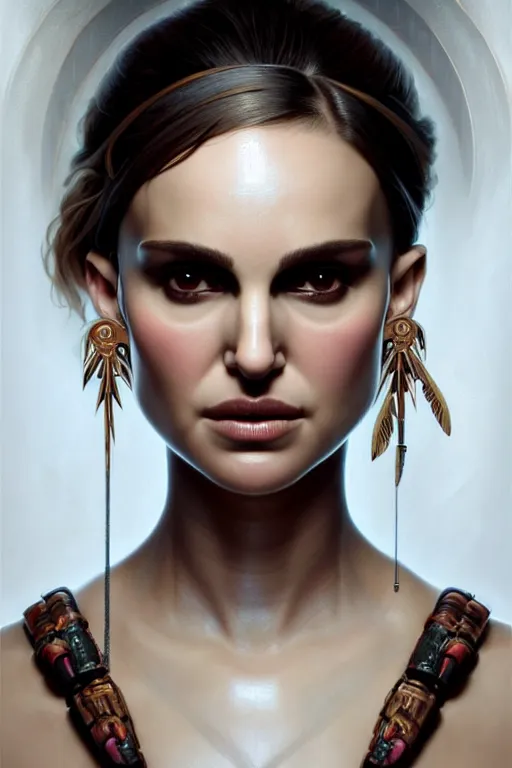 Image similar to symmetry!! portrait of natalie portman in the style of god of war, machine parts embedded into face, intricate, elegant, highly detailed, digital painting, artstation, concept art, smooth, sharp focus, illustration, art by artgerm and greg rutkowski and alphonse mucha, 8 k