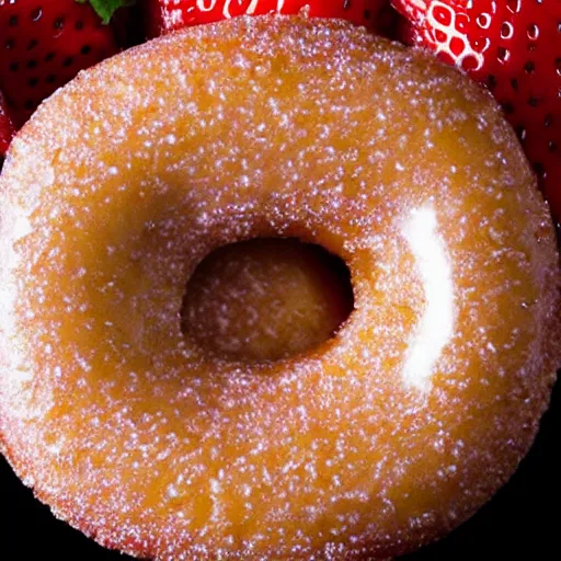 Prompt: Perfectly circular donut!!!!! in the shape of a strawberry!!!!!!, trending on artstation, 4k, 8k, professional photography, overhead shot, 35mm lens