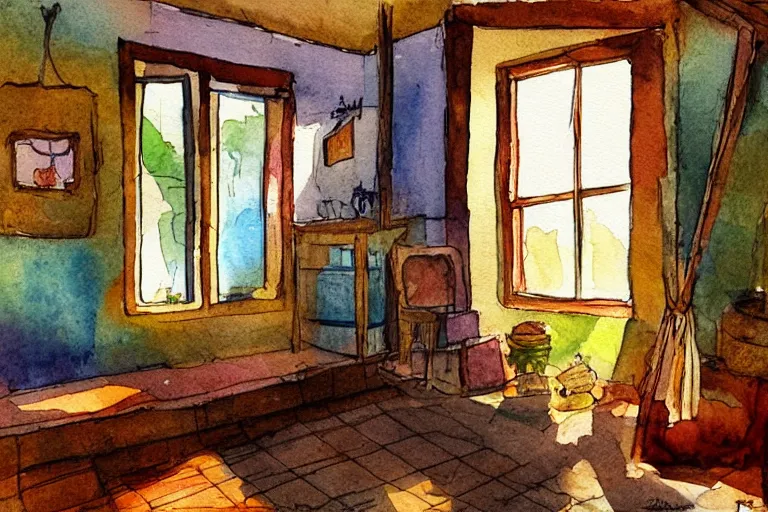 Prompt: rays of the morning sun shining through the window of the village house. very beautiful, clear sky, warm shiny colors, watercolor drawing