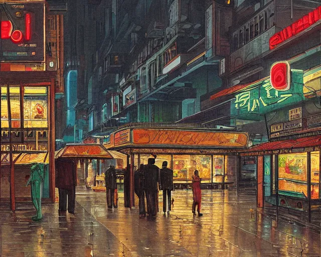Image similar to street with food stands in a cyberpunk city on a rainy melancholy night by de chirico
